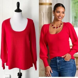 Boston Proper Scoop Neck Balloon Sleeve Sweater Ribbed Red Size Medium